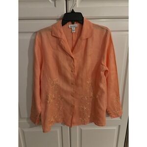 Rene Margo Womens Peach Linen Embroidered Button Shirt Small‎ could fit medium.